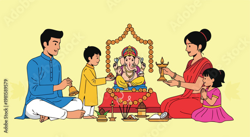 Happy Indian family celebrating Ganesh Chaturthi with sacred prayers and sweets