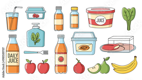 Assortment of healthy food and drink items including fresh fruit juice yogurt and various whole fruits for a balanced diet.