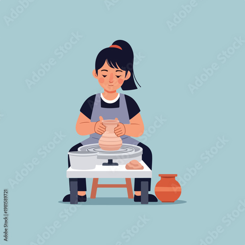 A girl in apron making a ceramic clay pot on a pottery wheel vector illustration
