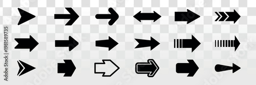 Collection of black arrow icons in various styles and directions. Arrows pointing left, right, up, and down. Simple arrow designs for navigation and direction. Arrow icon vector set.