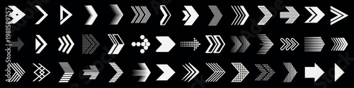A collection of various white arrow designs on a black background. The arrows vary in style, size, and direction, creating a dynamic and diverse visual pattern. Arrow icon vector set.