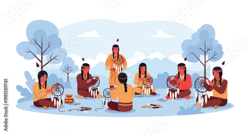 Native people crafting traditional dreamcatchers in a scenic mountain landscape