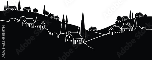 Village Hills Houses Church Silhouette Vector Rural Landscape Background Illustration
