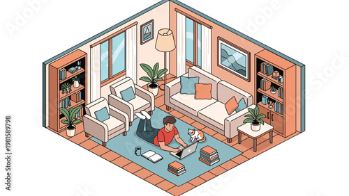 Isometric view of a cozy apartment living room where a man works on a laptop while his pet cat sits nearby on the rug.