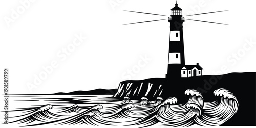 Lighthouse Ocean Waves Coast Silhouette Vector Sea Landscape Background Illustration