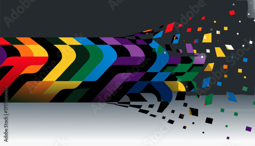 A vibrant and dynamic vector graphic illustration of colorful arrows exploding into geometric shapes