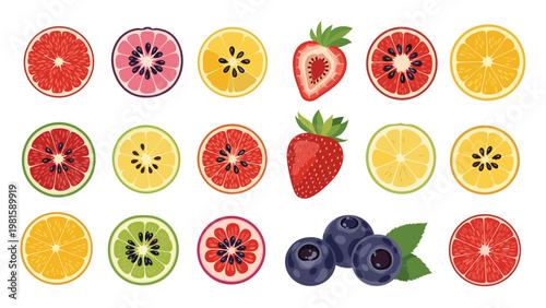 Colorful top view collection of various sliced citrus fruits berries and kiwi for healthy food and nutrition concepts.