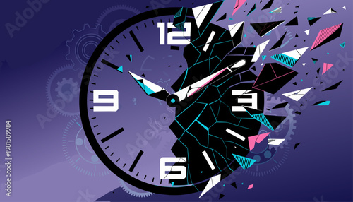 A broken clock face with shattered glass and colorful fragments exploding outward in a dynamic vector illustration