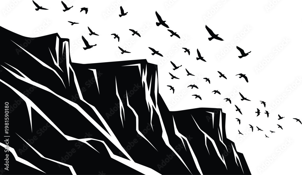 Obraz premium Mountain Cliff Birds Silhouette Vector Landscape Nature Freedom Background Illustration