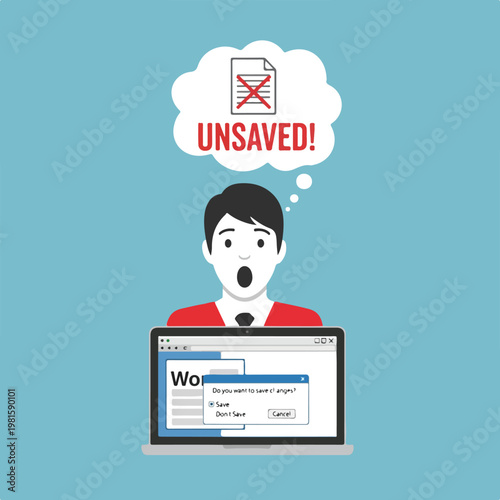 Shocked man looking at laptop with an unsaved document warning popup dialog box