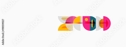 Abstract geometric shapes overlap, creating colorful design. Circles, rectangles, lines form modern composition. Bright hues dominate white background.