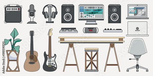 Illustration of a home studio setup with guitars, speakers, headphones, and a computer. Includes a desk, chair, and microphone. Ideal for music production. Music illustrations, isolated vector set.