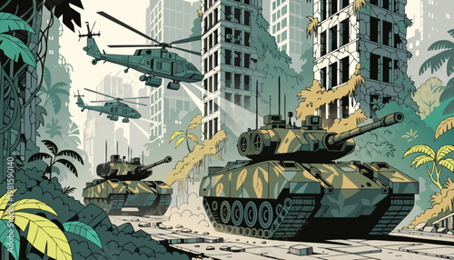 A military operation in a war-torn city with tanks and helicopters in a jungle environment