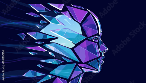 A vibrant, geometric illustration of a human head in profile, composed of colorful, shattered glass pieces.