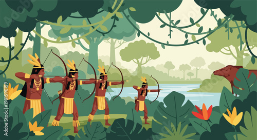 Indigenous hunters with bows aiming at a forest animal by a lush tropical river
