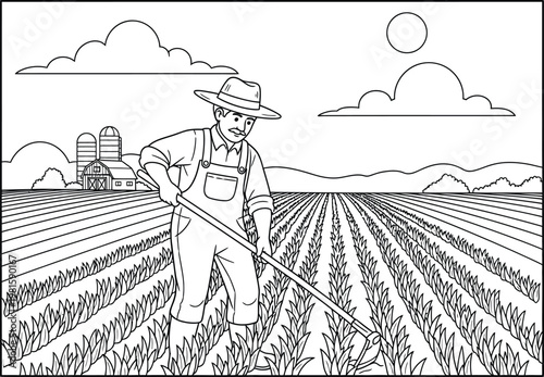 Farmer working in a field with a hoe and a farm in the background