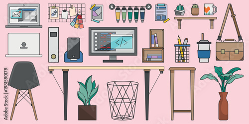 Illustration of a modern workspace with a desk, computer, plants, and office supplies. Features a laptop, chair, and various decor items on a pink background. Business illustrations, isolated vectors.