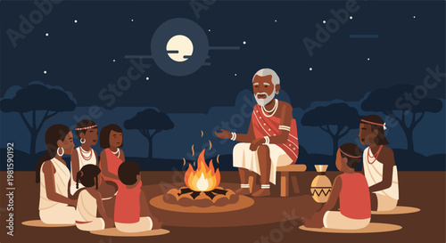 African elder telling stories to people around a campfire under a moonlight sky