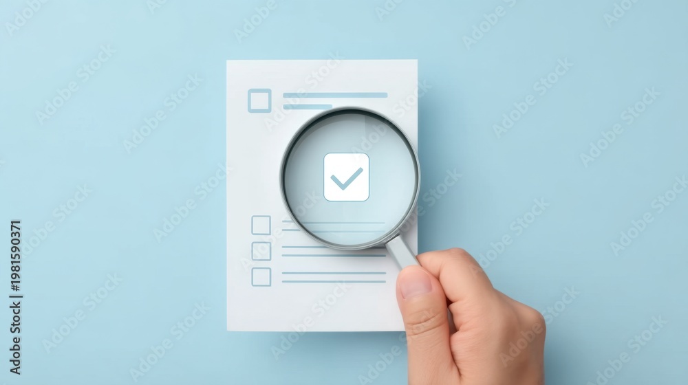 Fototapeta premium Hand Holding Magnifying Glass Over Document with Checklist Symbols on Blue Background