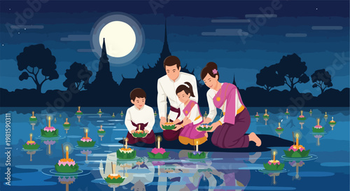 A family in traditional Thai clothes floats lotus baskets on river at full moon