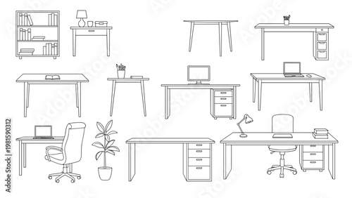 Collection of simple office furniture icons including desks, chairs, bookshelves, and computers in thin line art style.