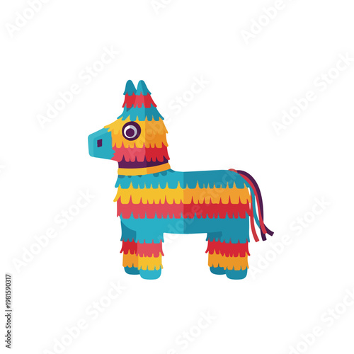 A vibrant donkey-shaped pinata with layered paper fringe on a white background