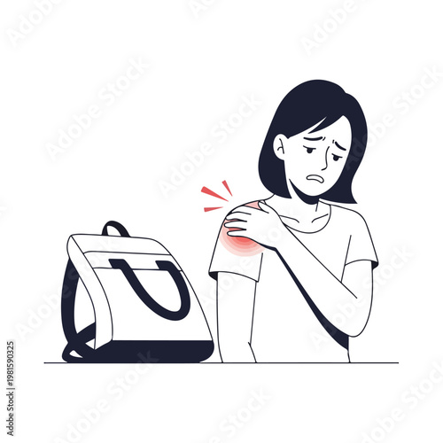 Flat illustration of a woman touching her painful shoulder next to her backpack