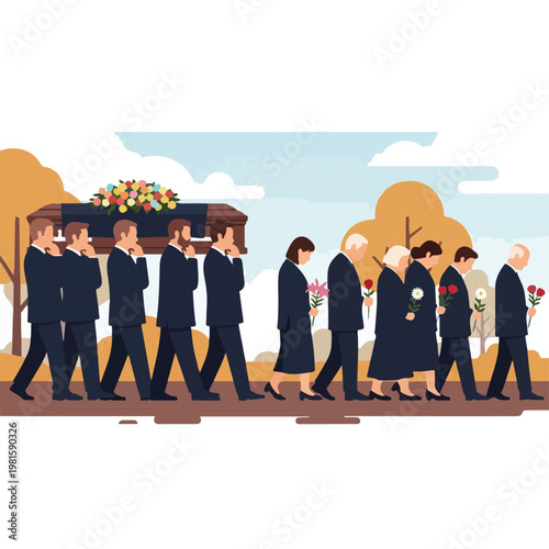 Solemn funeral procession with pallbearers and mourners carrying floral tributes