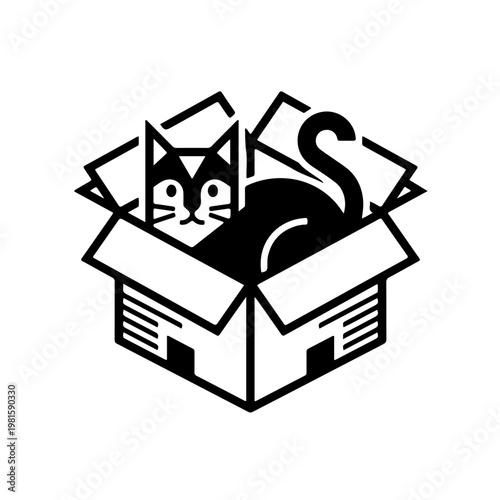 Geometric black and white icon of a cat sitting inside a cardboard box blending organic feline curves with rigid square shapes
 