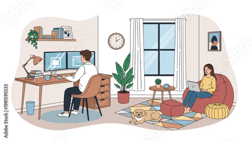 Couple working from home in a cozy living room with a man at a desk and a woman sitting in a beanbag chair using a laptop.