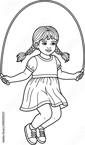 Little girl playing with jump rope outdoors in summer