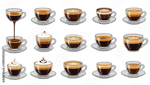 Extensive collection of various coffee drinks in glass cups including espresso cappuccino and latte art on saucers.