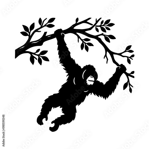 Minimalist black and white silhouette of an orangutan swinging from a tree branch showcasing natural brachiation and long limbs