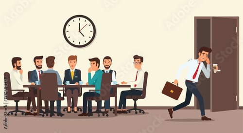 Stressed office worker arrives late to a business meeting as colleagues look on