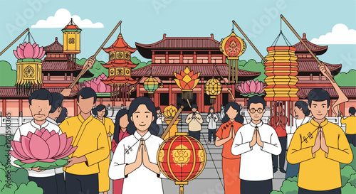 Asian crowds celebrate traditional festival with many lanterns and lotus flowers