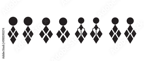 Collection of Black Earrings with Diamond Shapes on White Background, Variety of Styles.