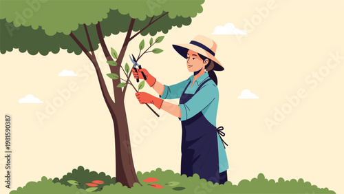 Female gardener wearing an apron and hat pruning a small tree with shears in a beautiful sunny outdoor garden landscape.