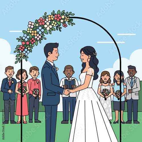 Outdoor wedding ceremony with bride, groom, and guests under a colorful archway