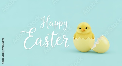 Cute yellow chick hatching from egg on happy easter background