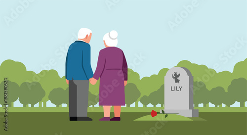 Elderly man and woman holding hands by a headstone for Lily in a green parkland