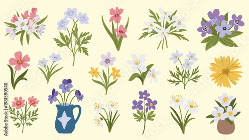 Beautiful collection of various wildflower bouquets and single floral elements in soft pastel colors over a light background.