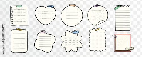 Collection of various note papers with different shapes and tape. Includes lined, heart, and circular designs on a transparent background. Doodle element isolated vector set.