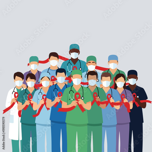 Diverse team of healthcare professionals in scrubs and masks holding red ribbons