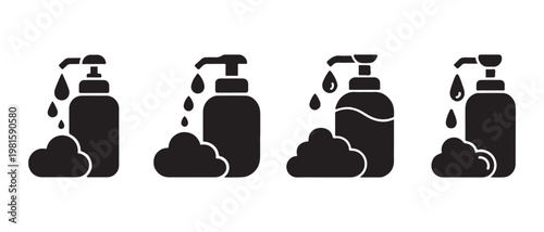 Black silhouette icons of pump bottles with dripping liquid and foam, representing soap, hygiene, and cleaning products.
