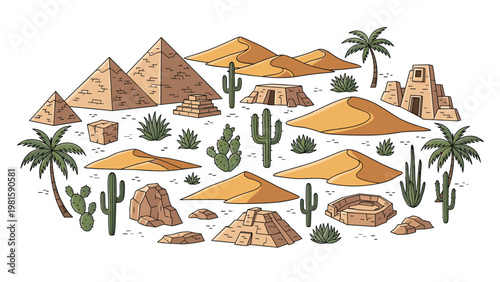 Detailed desert landscape icons featuring Egyptian pyramids, sand dunes, palm trees, and various cacti in a hand-drawn style.