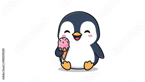 Cute Cartoon Penguin Holding Icecream.