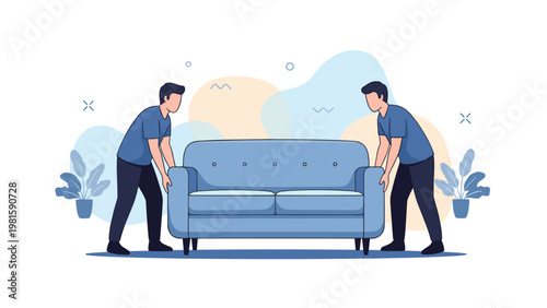 Two movers in blue uniforms carrying a large blue sofa as part of a home relocation service with a simple decorative background.