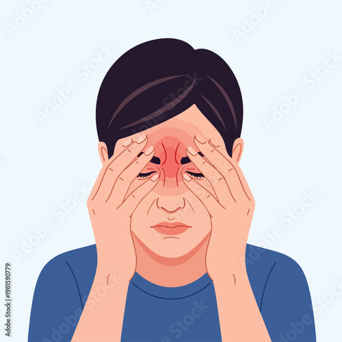 Vector illustration of a person with severe sinus headache and nasal area pains
