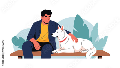 Man sitting on a wooden bench outdoors and affectionately petting a beautiful large white dog against a backdrop of green leaves.