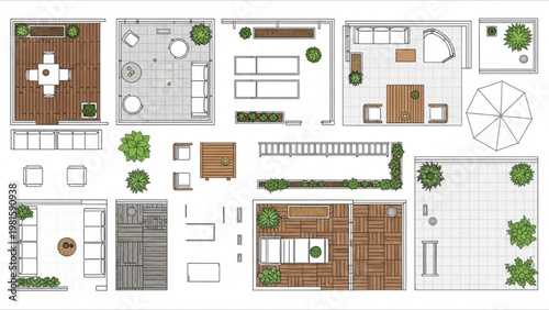 Top View Balcony Furniture CAD Symbols Set, 2D Floor Plan Vector Icons for Outdoor Interior Design Terrace Layout